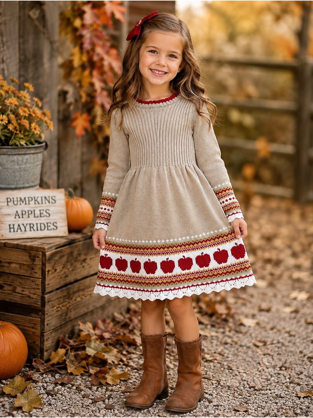 Cynthia Rowley Girls 4T Knit Sweater Dress Fall Apple Print NWOT